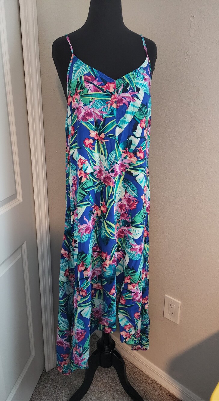 Tommy Bahama Blue Tropical Floral Asymmetrical Maxi Dress with Pink Accents